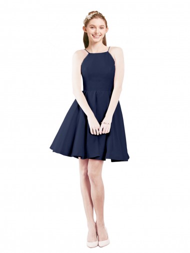 Acheter Bleu marine foncé Trapèze Licou Satiné Courte Robes demoiselle d'honneur / Robes de cocktail
