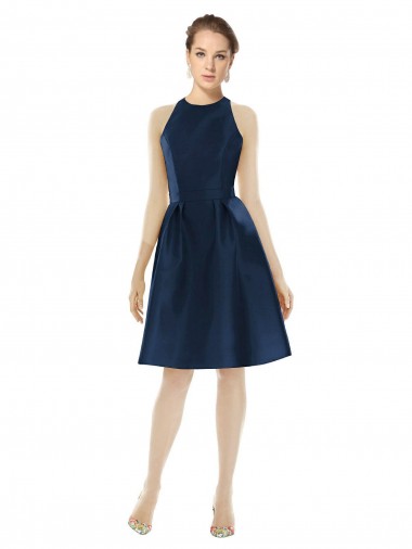 Acheter Bleu marine foncé Trapèze Licou Satiné Courte Robes demoiselle d'honneur / Robes de cocktail