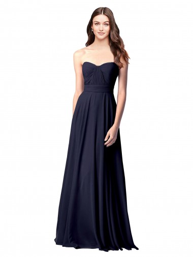 Acheter Bleu marine foncé Trapèze Sans bretelle Mousseline Longue Robes demoiselle d'honneur