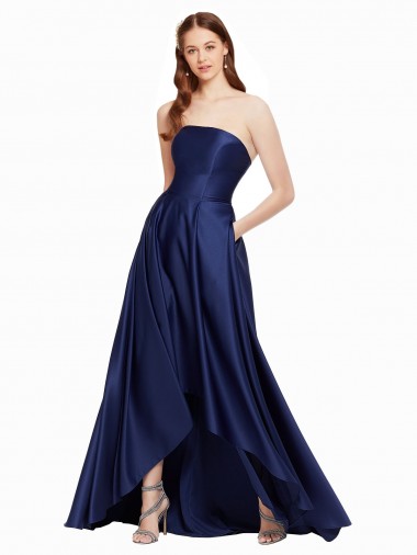 Acheter Bleu marine foncé Trapèze Sans bretelle Satiné Longue Asymétrique Formelles Robes demoiselle d'honneur / Robes de soirée / Robes de bal