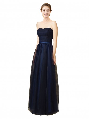 Acheter Bleu marine foncé Trapèze Sans bretelle Tulle Longue Robes demoiselle d'honneur