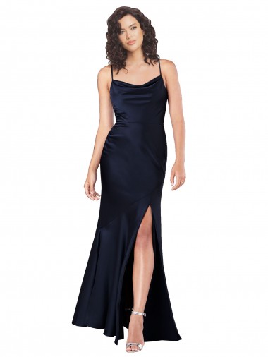 Acheter Bleu marine foncé Trapèze Satiné Soyeux Longue Formelles Robes demoiselle d'honneur / Robes de soirée / Robes de bal