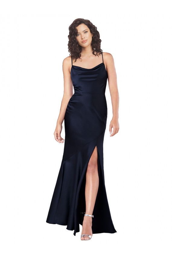 Acheter Bleu marine foncé Trapèze Satiné Soyeux Longue Formelles Robes demoiselle d'honneur / Robes de soirée / Robes de bal