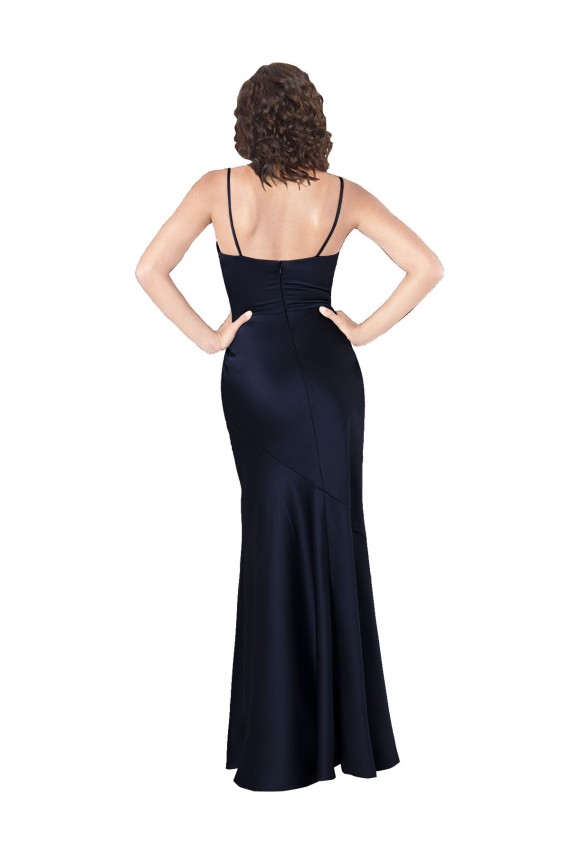 Acheter Bleu marine foncé Trapèze Satiné Soyeux Longue Formelles Robes demoiselle d'honneur / Robes de soirée / Robes de bal