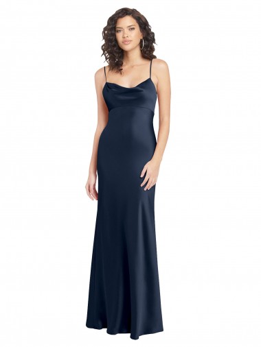 Acheter Bleu marine foncé Trapèze Satiné Stretch Longue Formelles Robes demoiselle d'honneur / Robes de soirée / Robes de bal