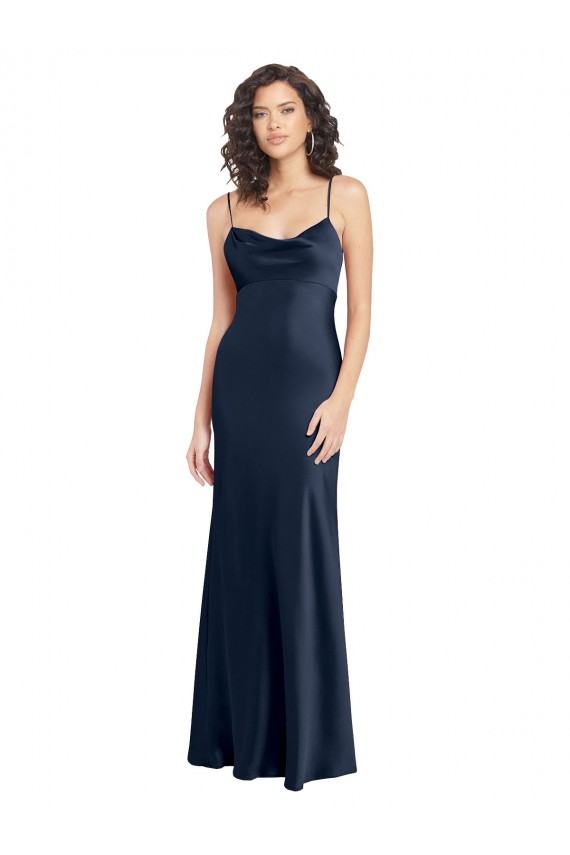 Acheter Bleu marine foncé Trapèze Satiné Stretch Longue Formelles Robes demoiselle d'honneur / Robes de soirée / Robes de bal