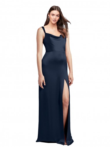 Acheter Bleu marine foncé Trapèze Satiné Stretch Longue Formelles Robes demoiselle d'honneur / Robes de soirée / Robes de bal