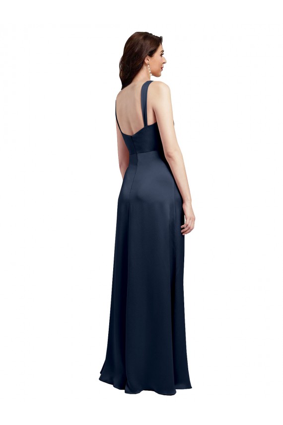 Acheter Bleu marine foncé Trapèze Satiné Stretch Longue Formelles Robes demoiselle d'honneur / Robes de soirée / Robes de bal