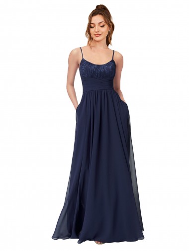 Acheter Bleu marine foncé Trapèze Scoop Mousseline Dentelle Longue Robes demoiselle d'honneur