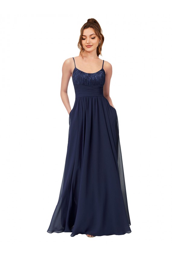 Acheter Bleu marine foncé Trapèze Scoop Mousseline Dentelle Longue Robes demoiselle d'honneur