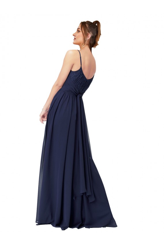 Acheter Bleu marine foncé Trapèze Scoop Mousseline Dentelle Longue Robes demoiselle d'honneur