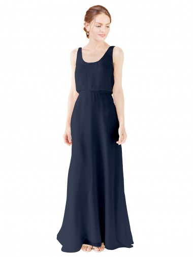 Acheter Bleu marine foncé Trapèze Scoop Mousseline Longue Robes demoiselle d'honneur