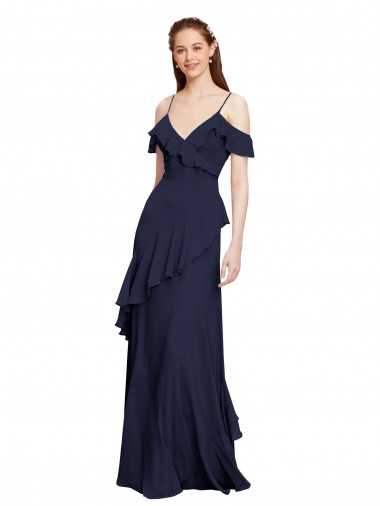 Acheter Bleu marine foncé Trapèze Épaule Dénudée Bretelles spaghetti Mousseline Longue Robes demoiselle d'honneur