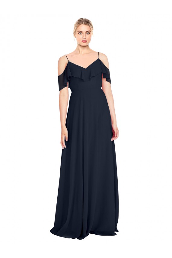 Acheter Bleu marine foncé Trapèze Épaule Dénudée Bretelles spaghetti Mousseline Longue Robes demoiselle d'honneur