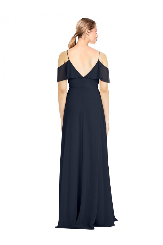 Acheter Bleu marine foncé Trapèze Épaule Dénudée Bretelles spaghetti Mousseline Longue Robes demoiselle d'honneur