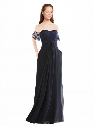 Acheter Bleu marine foncé Trapèze Épaule Dénudée Col V Mousseline Dentelle Longue Robes demoiselle d'honneur