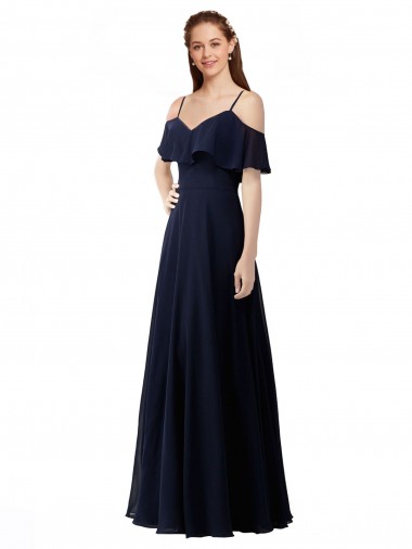 Acheter Bleu marine foncé Trapèze Épaule Dénudée Col V Mousseline Longue Robes demoiselle d'honneur