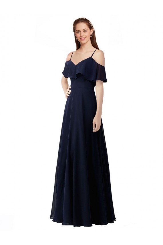 Acheter Bleu marine foncé Trapèze Épaule Dénudée Col V Mousseline Longue Robes demoiselle d'honneur