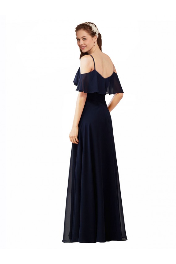 Acheter Bleu marine foncé Trapèze Épaule Dénudée Col V Mousseline Longue Robes demoiselle d'honneur