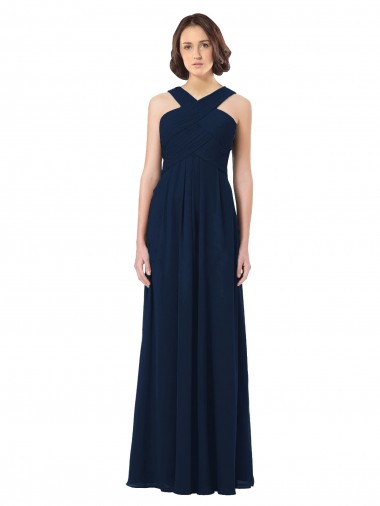 Acheter Bleu marine foncé Trapèze Épaule Dénudée Mousseline Longue Robes demoiselle d'honneur
