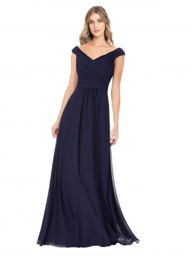 Acheter Bleu marine foncé Trapèze Épaule Dénudée Mousseline Longue Robes demoiselle d'honneur
