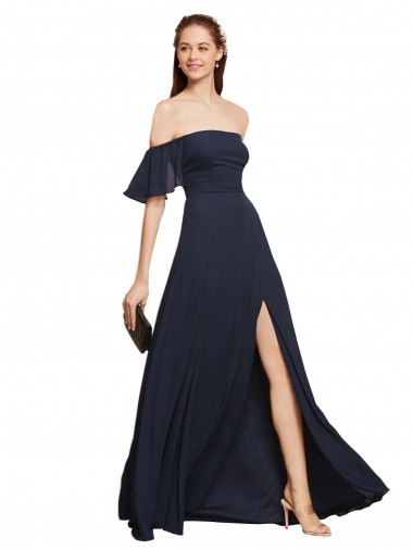 Acheter Bleu marine foncé Trapèze Épaule Dénudée Mousseline Longue Robes demoiselle d'honneur / Robes de bal