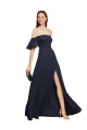 Acheter Bleu marine foncé Trapèze Épaule Dénudée Mousseline Longue Robes demoiselle d'honneur / Robes de bal
