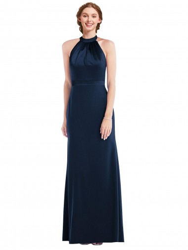 Acheter Bleu marine foncé Trompette Col Haut Crêpe Stretch Longue Robes demoiselle d'honneur / Robes de bal