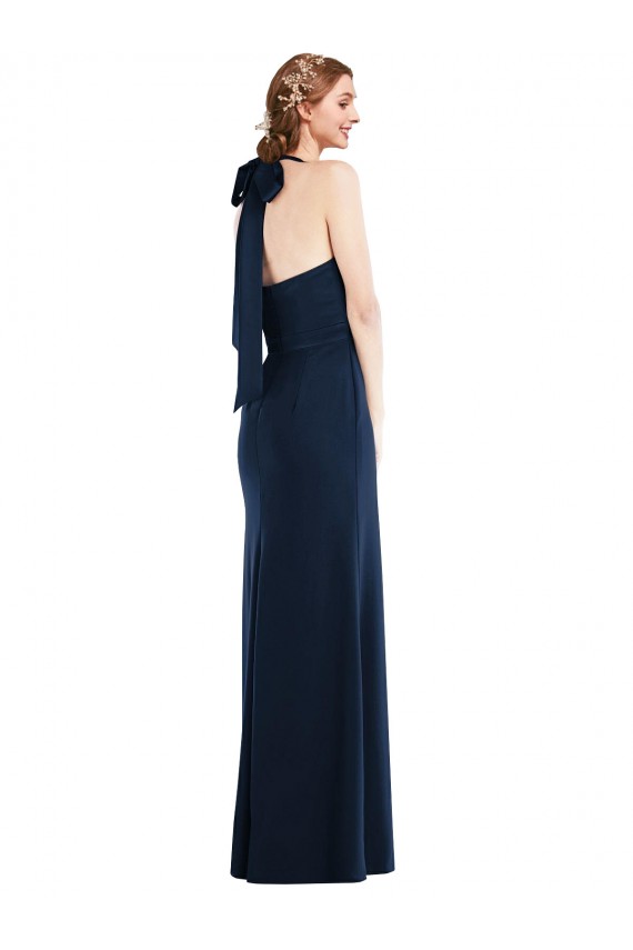 Acheter Bleu marine foncé Trompette Col Haut Crêpe Stretch Longue Robes demoiselle d'honneur / Robes de bal