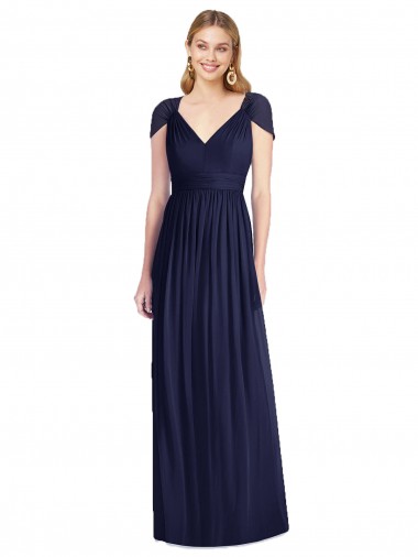 Acheter Bleu marine foncé Trompette Col V Mousseline Longue Robes demoiselle d'honneur