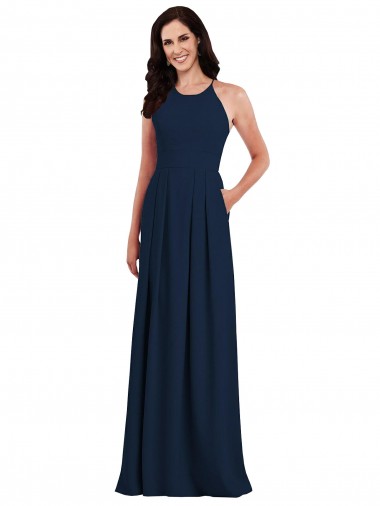 Acheter Bleu marine foncé Trompette Licou Crêpe Stretch Longue Robes demoiselle d'honneur