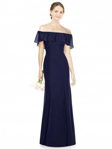 Acheter Bleu marine foncé Trompette Épaule Dénudée Mousseline Longue Robes demoiselle d'honneur