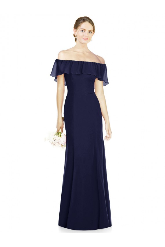 Acheter Bleu marine foncé Trompette Épaule Dénudée Mousseline Longue Robes demoiselle d'honneur