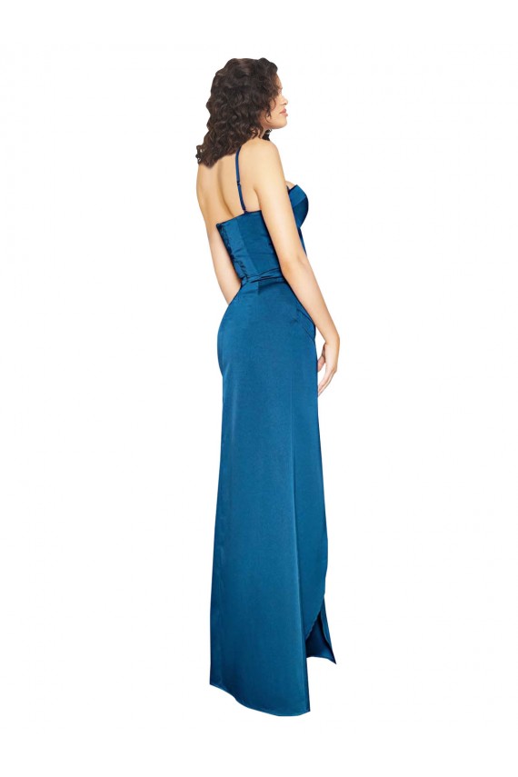 Acheter Bleu paon Fourreau Bretelles spaghetti Satiné Soyeux Longue Formelles Robes demoiselle d'honneur / Robes de soirée / Robes de bal