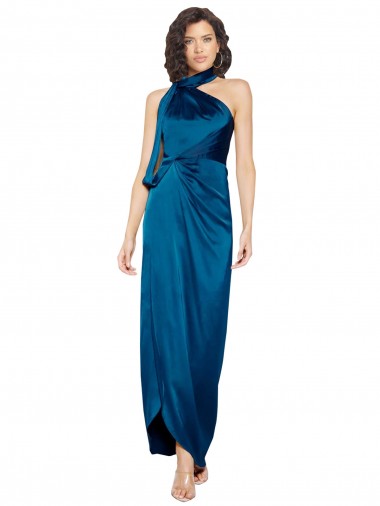 Acheter Bleu paon Fourreau Licou Col Haut Satiné Soyeux Longue Formelles Robes demoiselle d'honneur / Robes de soirée / Robes de bal