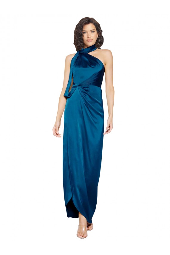 Acheter Bleu paon Fourreau Licou Col Haut Satiné Soyeux Longue Formelles Robes demoiselle d'honneur / Robes de soirée / Robes de bal