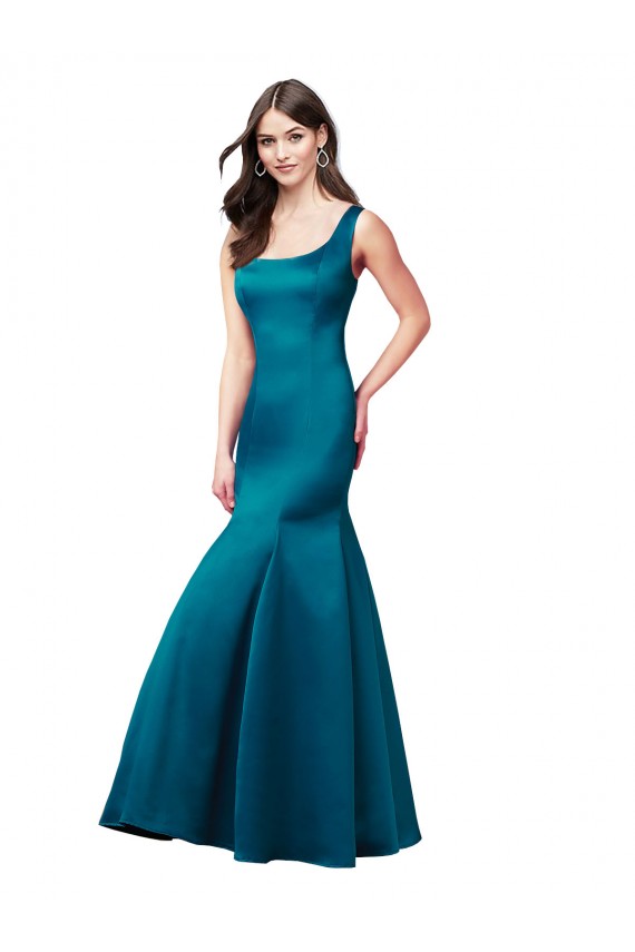 Acheter Bleu paon Sirène Bateau Satiné Longue Robes demoiselle d'honneur / Robes de bal