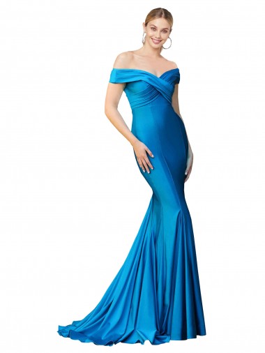 Acheter Bleu paon Sirène Épaule Dénudée Satiné Longue Formelles Robes demoiselle d'honneur / Robes de soirée / Robes de bal