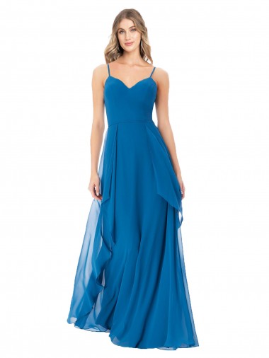 Acheter Bleu paon Trapèze Bretelles spaghetti Mousseline Longue Robes demoiselle d'honneur