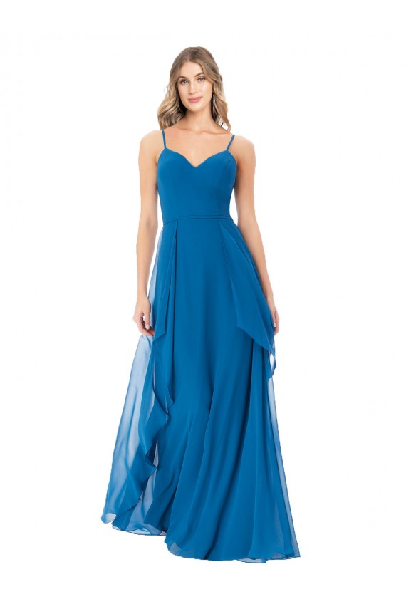 Acheter Bleu paon Trapèze Bretelles spaghetti Mousseline Longue Robes demoiselle d'honneur