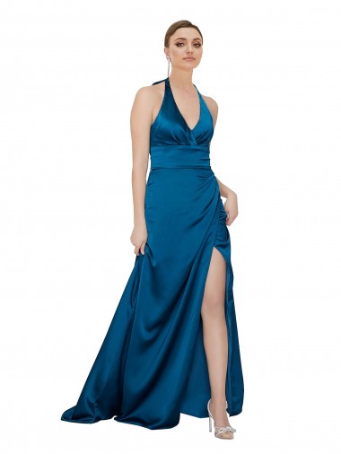 Acheter Bleu paon Trapèze Licou Satiné Soyeux Longue Formelles Robes demoiselle d'honneur / Robes de soirée / Robes de bal