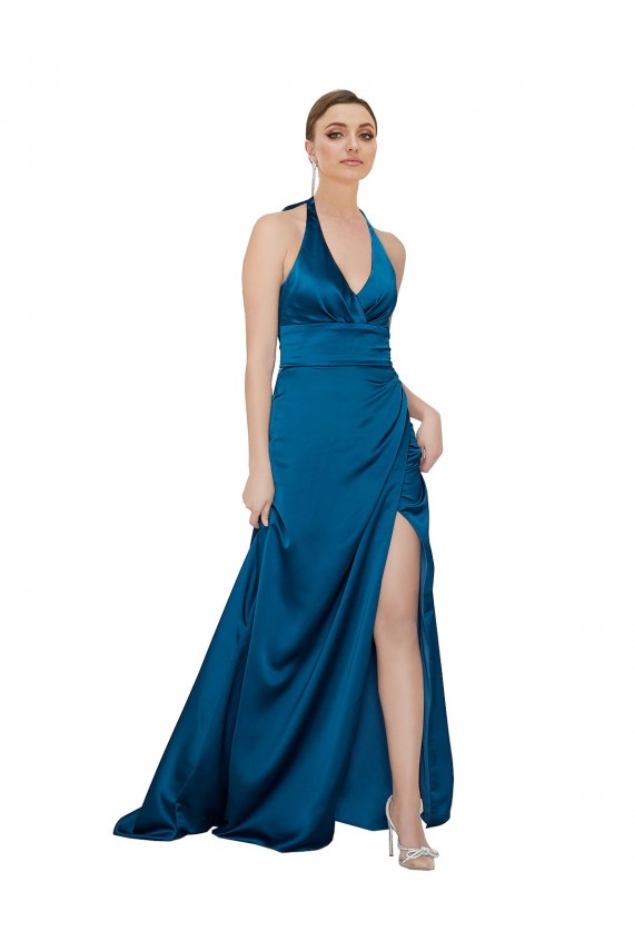 Acheter Bleu paon Trapèze Licou Satiné Soyeux Longue Formelles Robes demoiselle d'honneur / Robes de soirée / Robes de bal