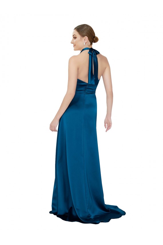 Acheter Bleu paon Trapèze Licou Satiné Soyeux Longue Formelles Robes demoiselle d'honneur / Robes de soirée / Robes de bal