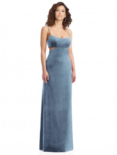 Acheter Bleu poussiéreux Fourreau Col Carré Velours Stretch Longue Formelles Robes demoiselle d'honneur / Robes de soirée / Robes de bal
