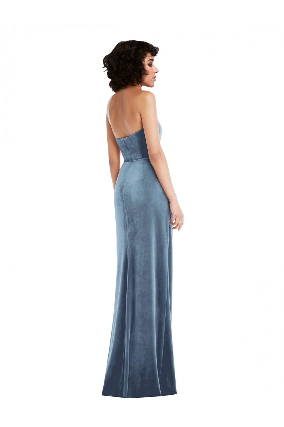 Acheter Bleu poussiéreux Fourreau Sans bretelle Velours Stretch Longue Formelles Robes demoiselle d'honneur / Robes de soirée / Robes de bal