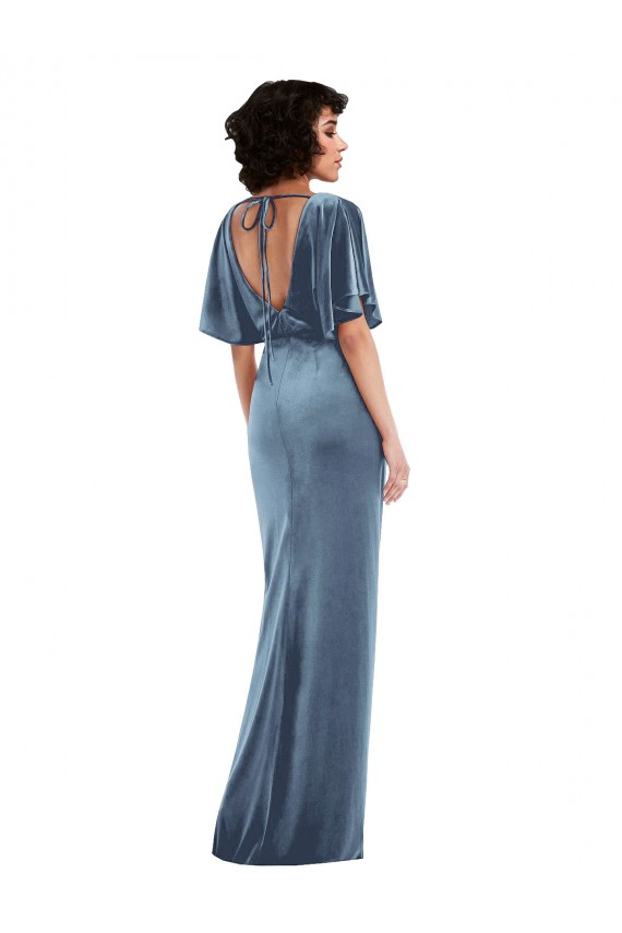 Acheter Bleu poussiéreux Fourreau Velours Stretch Longue Robes demoiselle d'honneur / Robes de bal