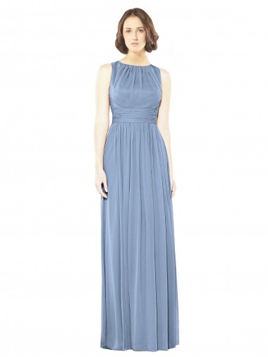 Acheter Bleu poussiéreux Trapèze Bateau Mousseline Longue Robes demoiselle d'honneur