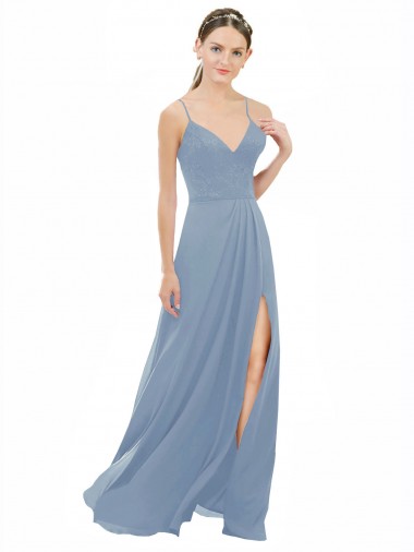 Acheter Bleu poussiéreux Trapèze Bretelles spaghetti Col V Mousseline Dentelle Longue Robes demoiselle d'honneur