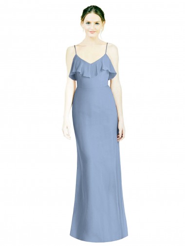 Acheter Bleu poussiéreux Trapèze Bretelles spaghetti Col V Mousseline Longue Robes demoiselle d'honneur