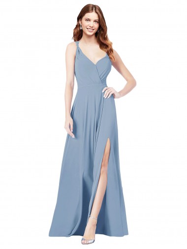 Acheter Bleu poussiéreux Trapèze Bretelles spaghetti Col V Mousseline Longue Robes demoiselle d'honneur